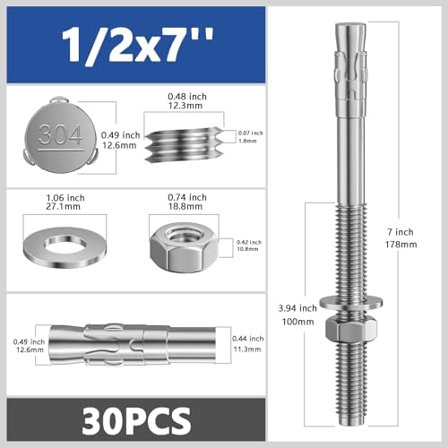Wensilon 30Pcs 1/2x7 Inch Standard Fasteners for Heavy-Duty 304 Stainless Steel Wedge Anchors for Cement and Concrete