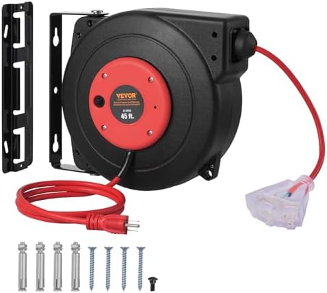 VEVOR Retractable Extension Cord Reel, 45 FT, Heavy Duty 12AWG/3C SJTOW Extension Power Cord with Lighted Triple Tap Outlet, 15A Circuit Breaker 180° Swivel Bracket for Ceiling or Wall Mount, Red