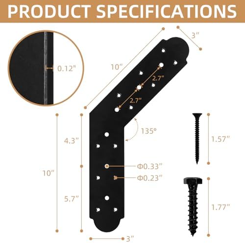 135-Degree Steel Flat Bracket, 4 Pcs Angled Brackets Fixing Mending Plates, Black Repair Plate Corner Brace With Screws Set for Wood Lumber Timber Connectors