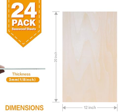 24Pack Basswood Sheets 20"x12"x1/8", 3mm Basswood for Laser Cutting, Thin Plywood Board Unfinished Wood for Crafts, DIY Architectural Models Making, Wood Engraving (24Pack-20x12inch)