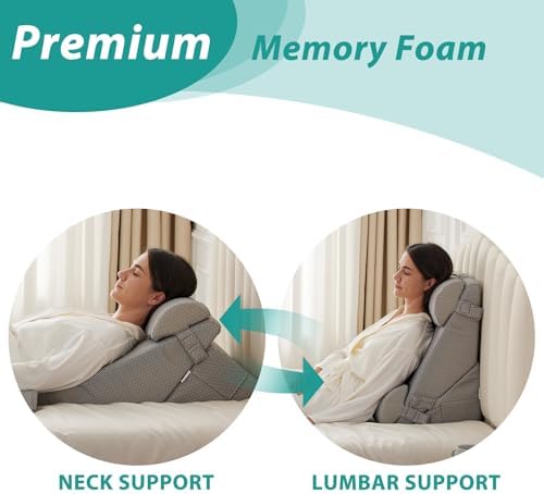 Bedluxe Adjustable 4pcs Bed Wedge Pillow Set, Memory Foam Wedge Pillows Post Surgery for Back, Neck, Leg Pain Relief, Pillow Wedge for Sleeping, Sitting up in Bed, Acid Reflux and GERD, Grey