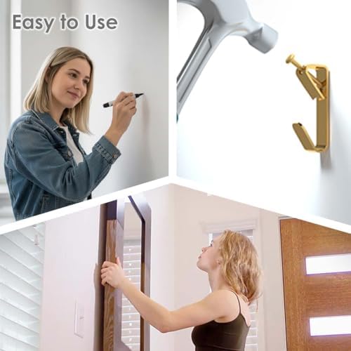 Picture Hangers, Extra Thick, 10 lb, for Decorative Drywall & Plaster Walls - Small Nails for Painting, Frame Hooks to Hang for Hanging, 70 pcs, Gold