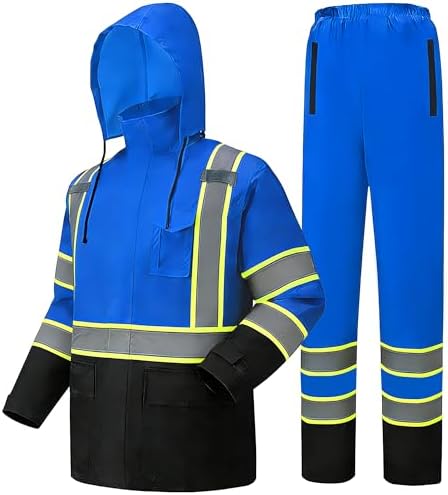 Hi Vis Rain Jacket, Rain Suits for Men with Removable Hood, Rain Coats for Men Interior Mesh, Class 3 High Visibility Rain Gear,Waterproof Zipper Blue 2XL/3XL