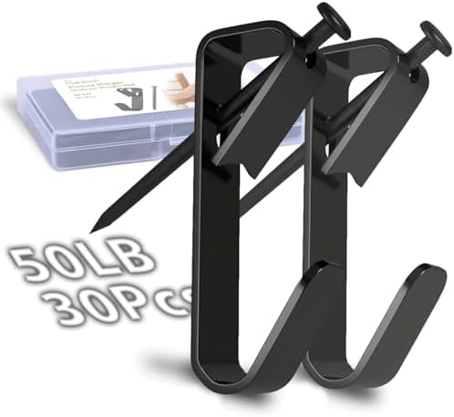 Picture Hangers Heavy Duty, Extra Thick, 50 lb, Decorative Hanging Hooks Hardware for Drywall and Plaster Walls with Large Nailers and Nails, Painting, 30pcs, Black