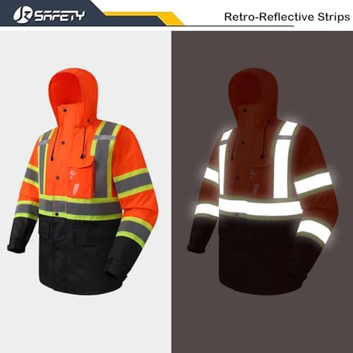 JKSafety Hi Vis Rain Jacket for Men Women Class 3 Rain Gear OBlack 3XL