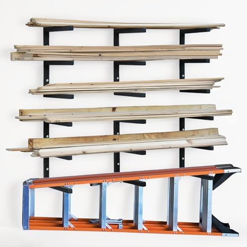 Lumber Rack Wood Storage Racks with 3 Level, Garage Wood Organizer Lumber Storage Rack, Workshop Organizers and Storage Wood Wall Shelving Wall Mounted, Lumber Metal Racks for Indoor (Black-6 Pack)