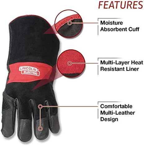 Lincoln Electric Premium Leather MIG Stick Welding Gloves | Heat Resistance & Dexterity| XL | K2980-XL, Black, Red