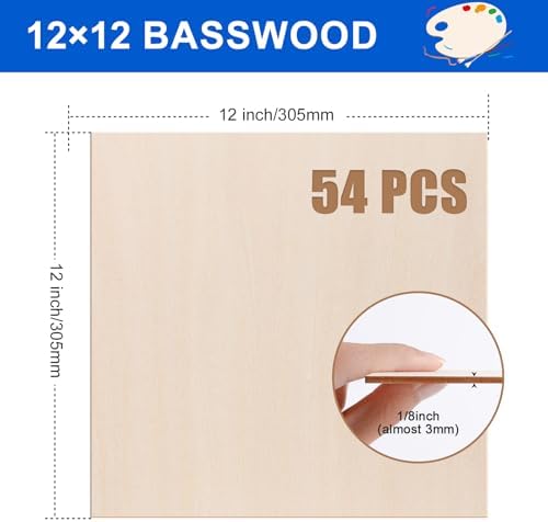 VKIZA 54 Packs Basswood Sheets 12"x12"x1/8", 3mm Basswood for Laser Cutting and Engraving, Thin Plywood Board Unfinished Wood for Crafts, DIY Ornaments and Architectural Model, Wood Burning.