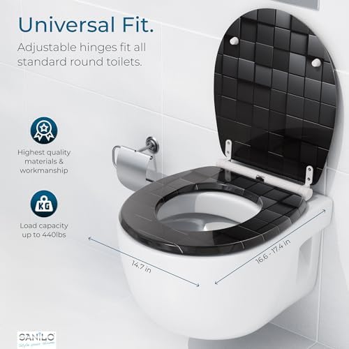 Sanilo Wooden Toilet Seat with Quick Release & Soft Close [ROUND] - Decorative & Slow Close Molded Wood Seat - With One Click for Easy Installation & Cleaning - With Adjustable Fit (Cube)