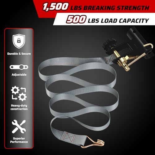 Rack Straps with J-Hook (4PK),1.5" x7.5' Ladder Rack Ratchet Straps, 2" Round Tube Mount, Perfect Ladder Rack Tie-Downs for Trailer Cargo Control