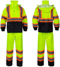 Class 3 High Visibility Rain Suit With Detachable Hood Waterproof Lime Reflective Safety Worker Jacket & Pants (L/XL Yellow)