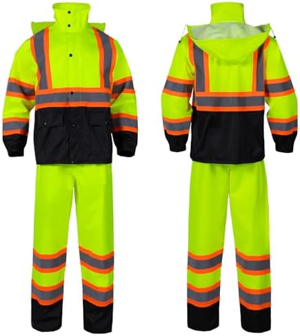 Class 3 High Visibility Rain Suit With Detachable Hood Waterproof Lime Reflective Safety Worker Jacket & Pants (2XL/3XL Yellow)
