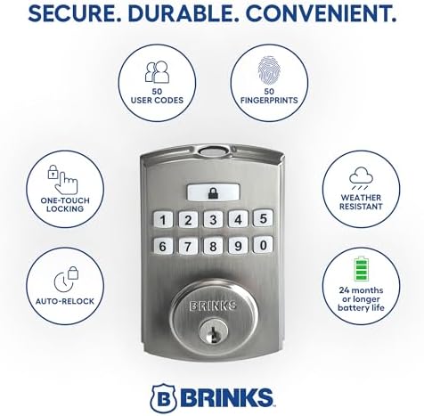 Brinks Fingerprint Door Lock, Keyless Entry Biometric Lock, Electronic Keypad Fingerprint Deadbolt with Auto-Locking, Front Door Lock and Interior Knob Set, Easy Installation, Satin Nickel