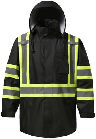 Reflective Rain jackets for men waterproof,Hi Vis Safety Coat With Reflective Strips，High Visibility Class 3 Rain jackets With 2 large pockets，Zipper,Black，2XL/3XL