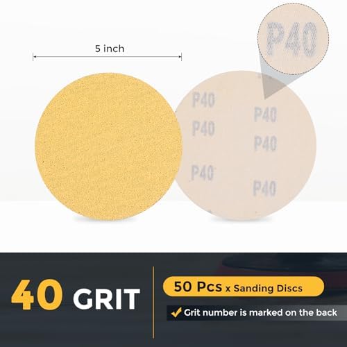 HARFINGTON 100 Pcs 5 Inch Sanding Discs 40 Grit Yellow Aluminum Oxide