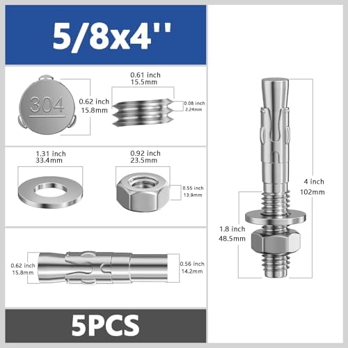 Wensilon 5Pcs 5/8x4 Inch Standard Fasteners for Heavy-Duty 304 Stainless Steel Wedge Anchors for Cement and Concrete