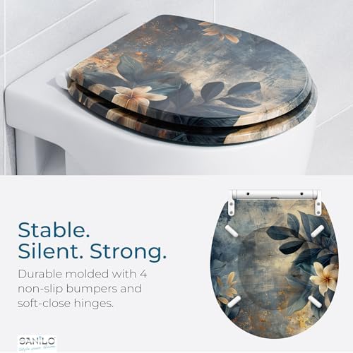 Sanilo Wooden Toilet Seat with Quick Release & Soft Close [ROUND] - Decorative & Slow Close Molded Wood Seat - With One Click for Easy Installation & Cleaning - With Adjustable Fit (Lilybud)