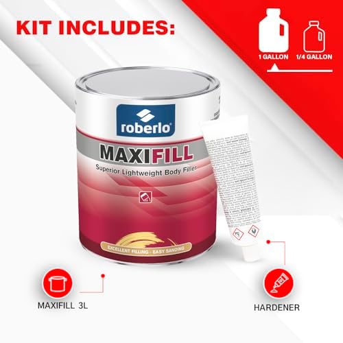 Roberlo Maxifill Superior Lightweight Body Filler – Easy Sanding & Paintable for Car Repairs – Ideal for Dents, Holes & Rust – Ultra Smooth Finish – 3 Liters + Hardener