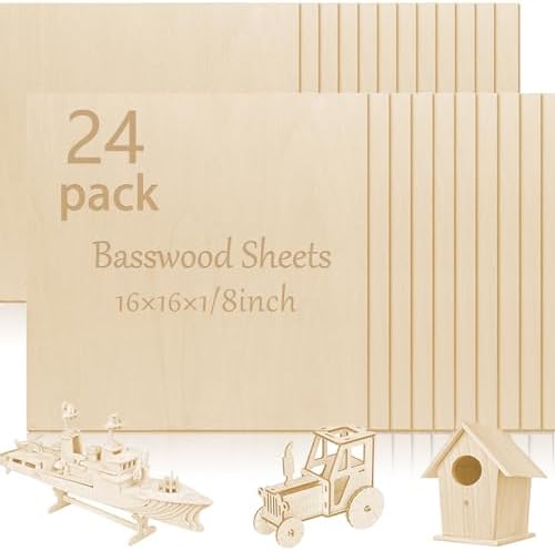 24 Pcs Basswood Sheets Plywood, 16 x 16 x 1/8 Inch - 3mm Thick Unfinished Wood Board for Crafts for Laser Cutting & Engraving, School DIY Projects, Painting, Fretwork, CNC Cutting, Wood Burning 24 Pcs