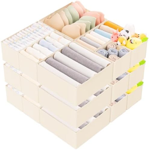 Criusia 15 Pack Drawer Organizer for Clothes, Foldable Dresser Dividers with 3 Sizes, Fabric Storage Bins – Beige