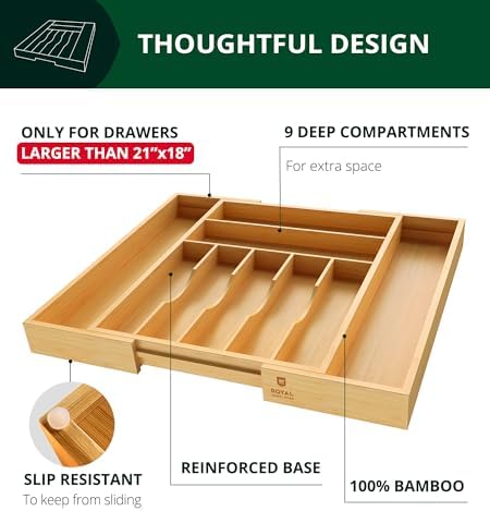 ROYAL CRAFT WOOD Luxury Bamboo Kitchen Drawer Organizer - Silverware Organizer, Utensil Holder & Cutlery Tray Drawer Dividers for Flatware (9 Slot, Natural)