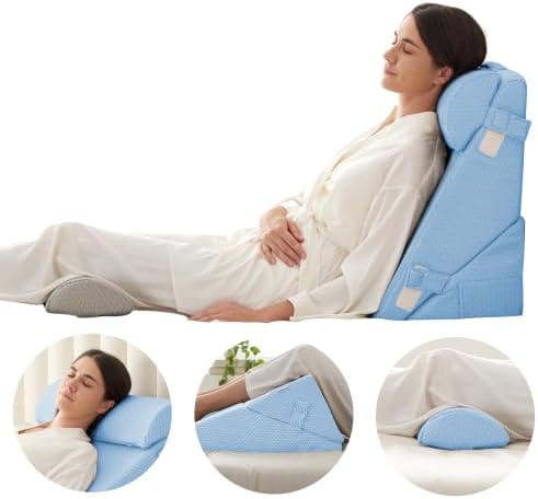 Bedluxe Adjustable 4pcs Bed Wedge Pillow Set, Memory Foam Wedges Pillow Post Surgery for Back, Neck, Leg Pain Relief, Pillows Wedge for Sleeping, Sitting up in Bed, Acid Reflux and GERD, Light Blue
