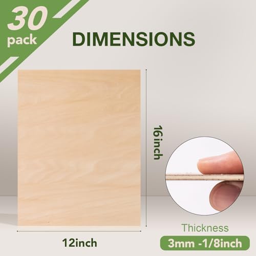 Rowood 30 Pack Plywood Basswood Sheets,12x16x1/8inch,3mm Basswood for Laser Cutting,Adult Craft Kits,Thin Plywood Board Unfinished Wood,DIY Ornaments and Architectural Model