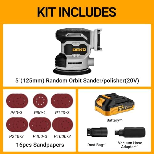 Cordless Orbital Sander: DEKOPRO 20V Random Orbit Sander, 5inch Power Palm Sander Electric Sanders Tool with Battery, Charger, Dust Collector, 16 Pcs Sanding Discs for Woodwroking