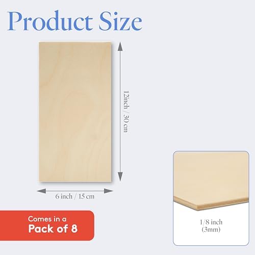 3 mm Baltic Birch Plywood 1/8 x 6 x 12 Inch, Box of 8 B/BB Grade Craft Wood, Stronger Than Basswood Sheets, for Laser, CNC Cutting and Wood Burning, by Woodpeckers
