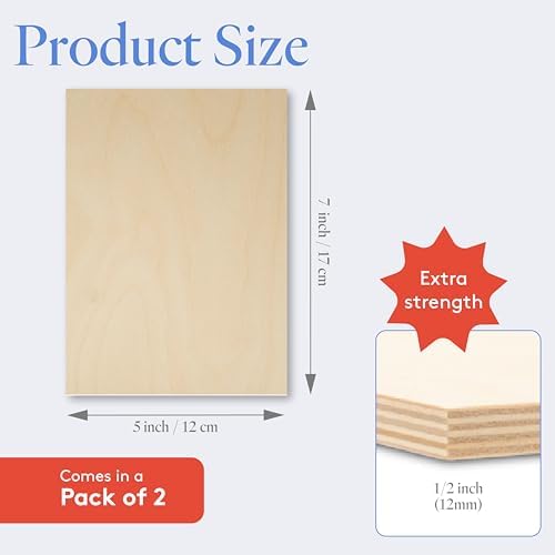 12 mm Baltic Birch Plywood 1/2 x 5 x 7 Inch, Box of 2 B/BB Grade Craft Wood, Stronger Than Basswood Sheets, for Laser, CNC Cutting and Wood Burning, by Woodpeckers