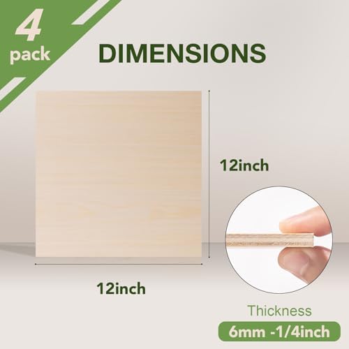Rowood 4 Pack Maple Plywood 1/4,12x12x1/4inch,6mm Thick Unfinished Wood for Laser Cutting and Engraving,DIY Ornaments,Wood Burning,Models Drawing