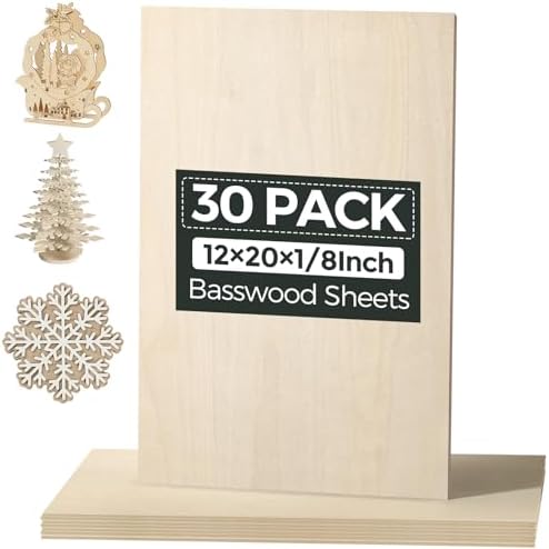30 Pack Basswood Sheets, 12"x20"x1/8" Basswood for Laser Cutting