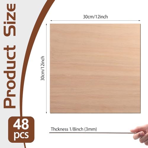 48 Pcs Mahogany Plywood Sheets,12 x 12 x 1/8 Inch - 3mm Thick Mahogany Unfinished Wood for Crafts Laser Cutting & Engraving, School DIY Projects, Painting, Fretwork, CNC Cutting, Wood Burning