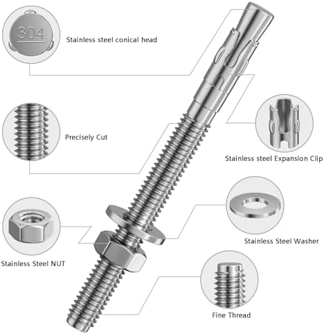Wensilon 5Pcs 1/2x6 Inch Standard Fasteners for Heavy-Duty 304 Stainless Steel Wedge Anchors for Cement and Concrete