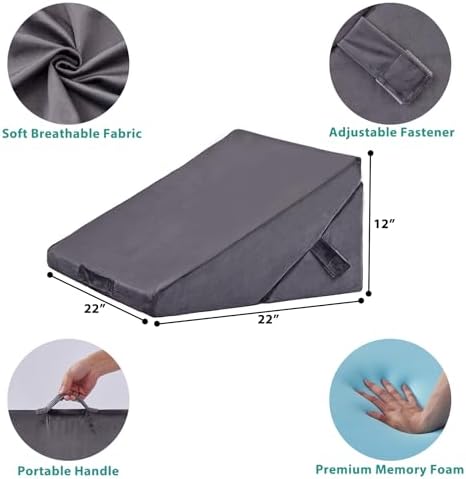 Bedluxe Wedge Pillow for Sleeping, Adjustable 9&12 Inch Foldable Bed Wedge Pillow Set, Orthopedic Memory Foam Triangle Pillows Wedge, 7-in-1 Elevated Pillows for Leg and Back Support, Velvet