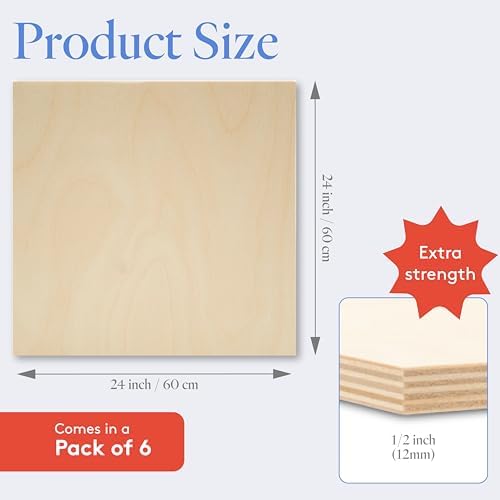 Baltic Birch Plywood 24 x 24 x 1/2 Inch - 12 mm Craft Wood, Pack of 6 B/BB Grade, Stronger Than Basswood or Balsa, Perfect for Laser, CNC Cutting, Wood Shelves by Woodpeckers