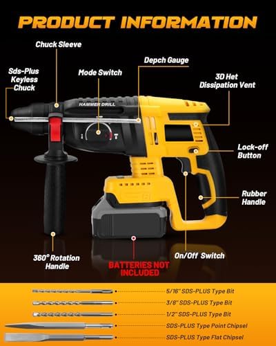 Cordless SDS Hammer Drill for Dewalt 20V MAX Battery, Brushless Rotary Hammer Drill with Safety Clutch for Concrete/Masonry (No Battery)