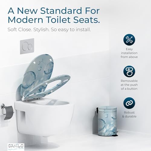 Sanilo Wooden Toilet Seat with Quick Release & Soft Close [ROUND] - Decorative & Slow Close Molded Wood Seat - With One Click for Easy Installation & Cleaning - With Adjustable Fit (Bubbles)