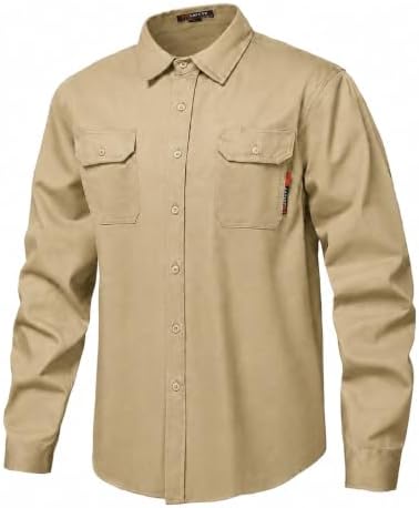 FR Shirt 7oz Fire Resistant Shirts Men's,CAT2 Welding Shirt 100% Cotton Flame Resistant Shirts Khaki (6X-Large)