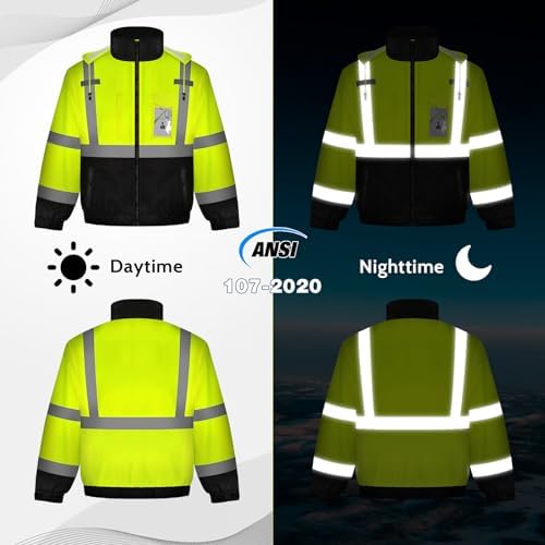 High Vis Safety Jackets, Reflective Work Jacket with Pockets for Men& Women, Construction Coats for Cold Weather, Waterproof Rain Jacket, Class 3, Yellow-Black, XXL