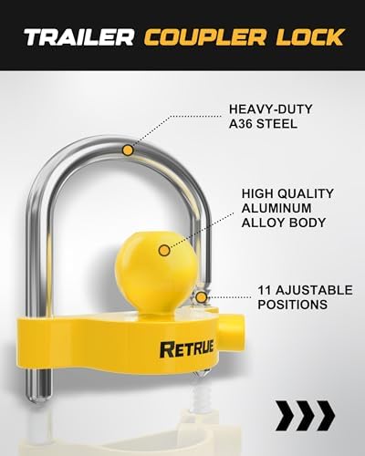 RETRUE Universal Trailer Coupler Lock, Adjustable Hitch Lock, Bright Yellow