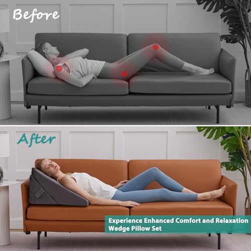Bedluxe Wedge Pillow for Sleeping, Adjustable 9&12 Inch Foldable Bed Wedge Pillow Set, Orthopedic Memory Foam Triangle Pillows Wedge, 7-in-1 Elevated Pillows for Leg and Back Support, Velvet