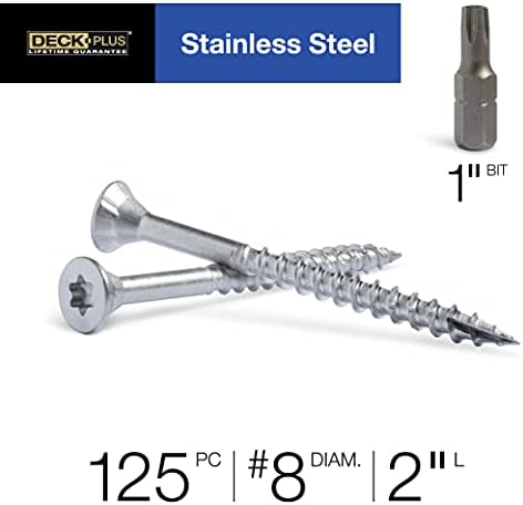 Deck Plus 2 Inch Epoxy Coated Exterior Wood and Fence Screws #8 x 2 Torx/Star Drive Included Coarse Thread, Outdoor Rust Resistant Decking Screw, Silver, 1lb Box, 125 Pieces | 48463