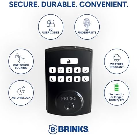 Brinks Fingerprint Door Lock with Knob – Keyless Entry Biometric Lock, Electronic Keypad Fingerprint Deadbolt with Auto-Locking, Front Door Lock and Interior Knob Set, Easy Installation, Matte Black
