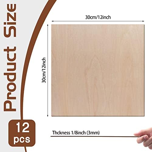 12 Pcs Baltic Birch Plywood,12 x 12 x 1/8 Inch - 3mm Thick Birch Unfinished Wood for Crafts Laser Cutting & Engraving, School DIY Projects, Painting, Fretwork, CNC Cutting, and Wood Burning