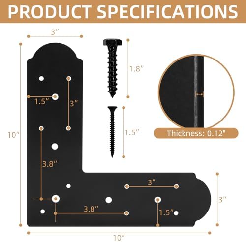 L Shape Steel Flat Bracket, 4 Pcs 10" X 10" Flat Fixing Mending Plates Black Flat Repair Plate Bracket with Screws Set for Wood Lumber Timber Connectors