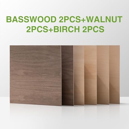 ROBOTIME 6-Pack Laser Wood Sheets | 1/8" & 12 x 12" Basswood + Walnut + Birch - 3mm Plywood for Laser Cutting, Engraving & Pyrography