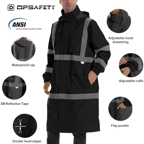 Hi Vis Rain Jacket with 3M Reflective Stripe,High Visibility Class 3 Rain coats,Safety Waterproof Rain Suits for Men with Hood and 2 Large Pockets construction work rain gear(Black S)