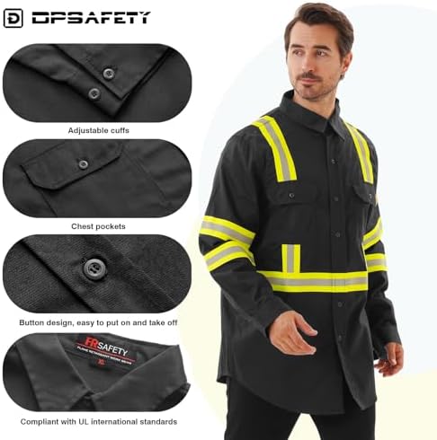 FR Shirts for Men 7oz Hi Vis Fire Resistant Shirts CAT2 Welding Shirt 100% Cotton High Visibility Flame Resistant Shirt Black(3X-Large)