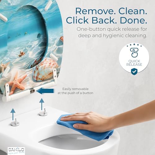 Sanilo Wooden Toilet Seat with Quick Release & Soft Close [ROUND] - Decorative & Slow Close Molded Wood Seat - With One Click for Easy Installation & Cleaning - With Adjustable Fit (Waterworld)
